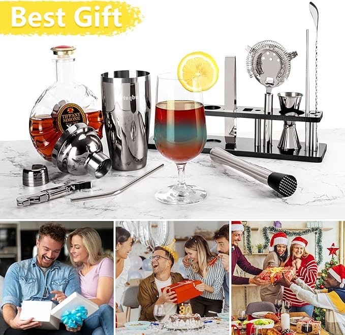 Bartender Kit with Stand, 11 Piece Set, Cocktail Shaker Set 24 oz Shaker Bar Tool Set for Beginner with Recipe