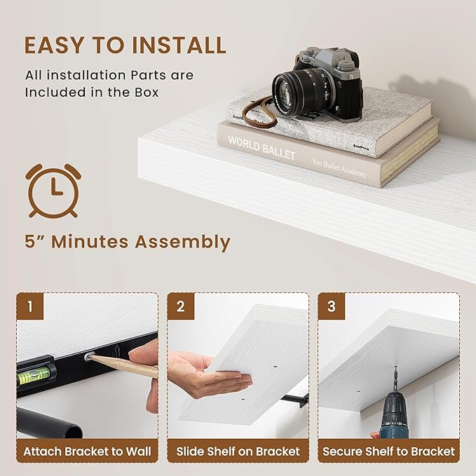 fuqing Floating Shelves for Wall, Bathroom Shelf Wall Mounted for Storage, Shelves with Invisible Bracket for Bedroom, Kitchen, Living Room, Farmhouse Small Book Shelf, 32 Inch Set of 2, White