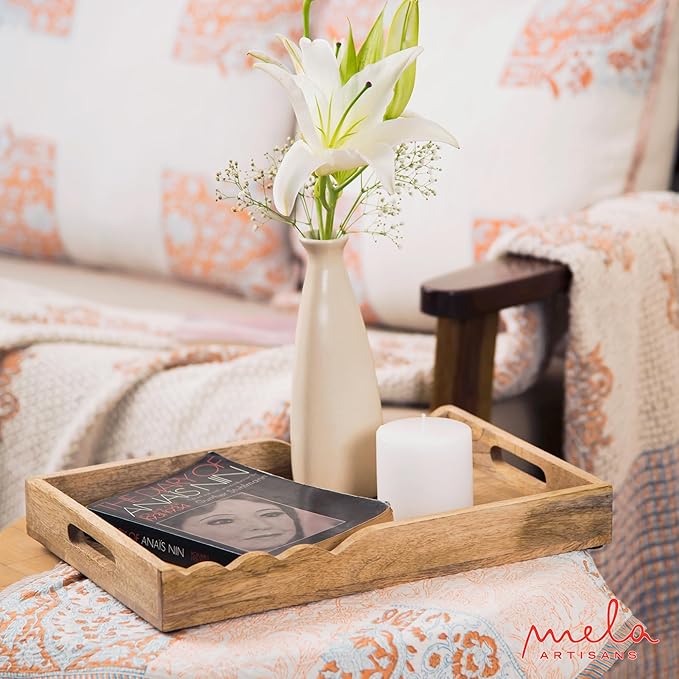 Mela Artisans Wooden Serving Tray with Handles | 15x10x1.75 inch | Mango Wood Decorative Tray| Ottoman Tray | Snacks | Desserts | Breads | Coffee Table | Bedroom | Scalloped Design