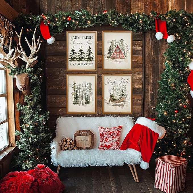 ETVISO Vintage Christmas Wall Art Prints Set of 4, Retro Christmas Trees Poster, Winter Holidays Gift Print Decor for Gallery, Living Room, Bathroom, 12x16 (Unframed)