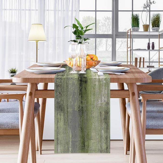 Emvency Farmhouse Table Runner, Vintage Olive Green and Grey Abstract Art Painting for Kitchen Coffee Table Family Dinners Holiday Parties Wedding Events Decor(13x72 inch)