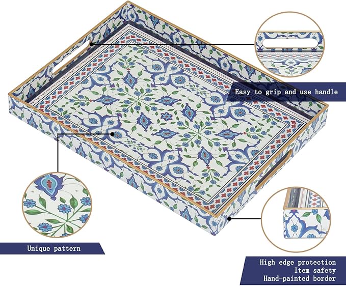 Serving Tray, Boho Plastic Food Trays for Eating on Lap Decorative Coffee Tray with Handles Rectangular Non-Slip Candle Plate, 15.7"x11.8"x1.6" Large Drinks Platter for Kitchen/Living Room/Bedroom