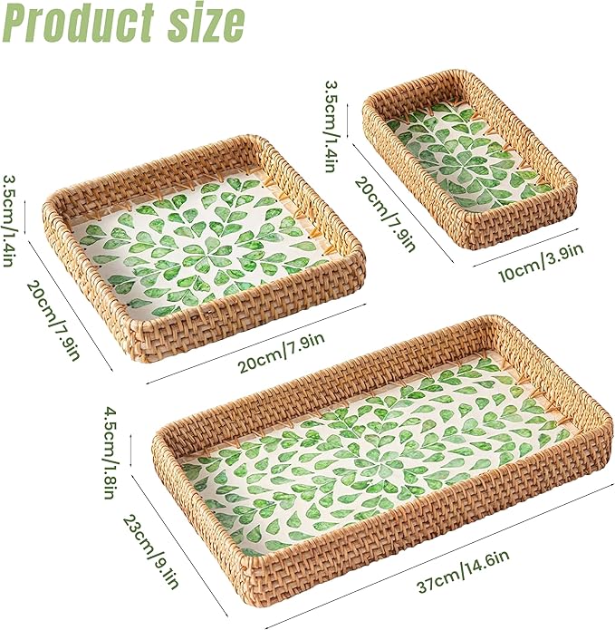 Set of 3 Rectangle Rattan Serving Trays with Mother of Pearl Inlay – Hand-Woven Wicker Trays for Coffee Table, Bathroom, Kitchen Counter or Entryway, Boho Coastal Decor, Tropical Fish Design