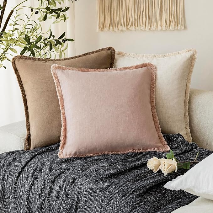 Foindtower Set of 2 Decorative Linen Fringe Throw Pillow Covers Boho Farmhouse Cushion Cover with Tassels Soft Accent Pillowcase for Couch Chair Sofa Bed Living Room Home Decor,16×16 Inch,Light Pink