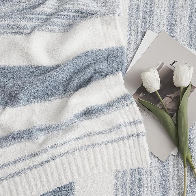 WRENGONGE Grey Blue Throw Blanket, 50x70 Soft Cozy Striped Throw Blankets for Couch, Sofa, Bed, Travel, Lightweight Fluffy Warm Plush Decorative Blankets for Women, Men,Kids Gift