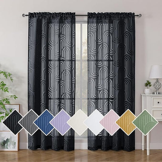 Simplebrand Sheer Black Curtains 72 Inches Long 2 Panels for Window, Geometric Mid Century Light Filtering Semi Sheer Curtains for Front Back Patio Glass Door with Rod Pocket, 42" Wx72 L
