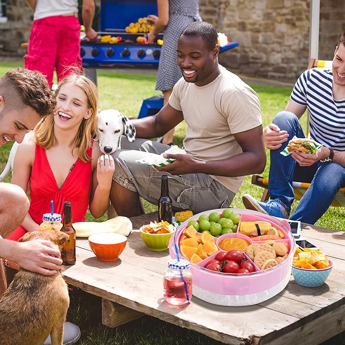 Divided Chilled Serving Tray for Parties,Ice Chilled Party Platter,Ice Serving Bowl with Lid and Handle,Charcuterie Serving Board,Cold Dish Dip for Fruit Seafood Vegetable Shrimp Cocktail Appetizer...