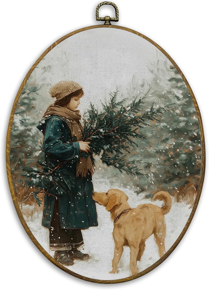CUANFDDSF Rustic Winter Christmas Scene Oval Wall Art Decor, Winter Forest Girl and Lab Dog Wall Hanging Decor, Cozy Christmas Holiday Framed Canvas Prints for Home Bedroom Living Room, 8.6x11.4 Inch