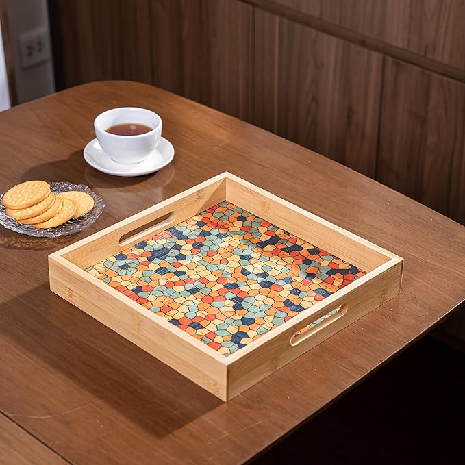 PEMAR 12.2" Square Bamboo Art Decor Tray with Handle, Food Drink Serving Tray for Breakfast Lap Bed Eating. Pattern Printed on Bamboo. Decorative Catchall Coffee Table Entryway Nightstand (Mosaic)