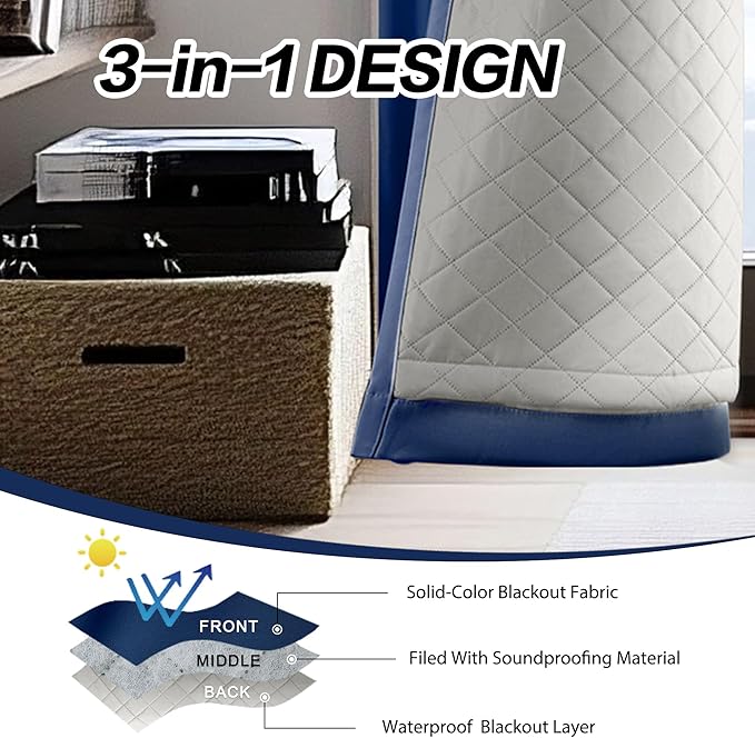 3-in-1 Thermal Grommet Blackout Curtains for Bedroom-100% Blackout Sound Proof Curtains for Winter 1 Panel Navy Blue 50x84 Inch