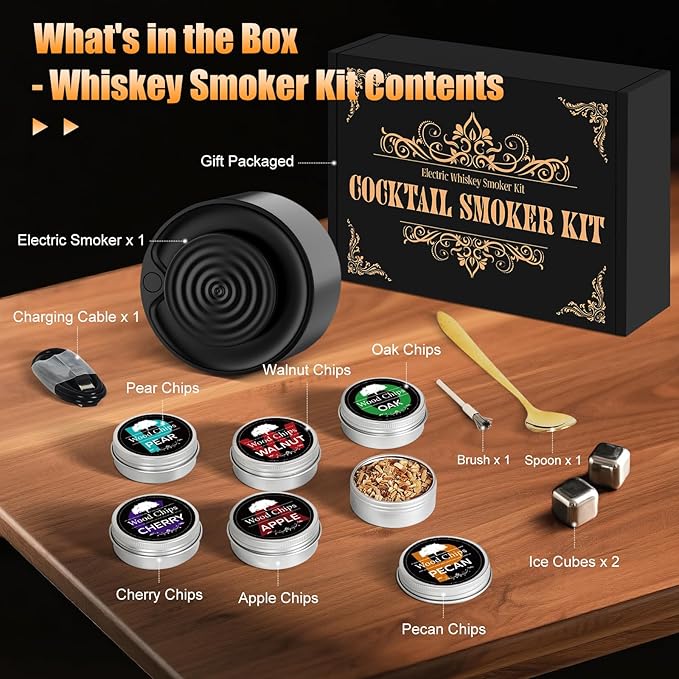 Electric Whiskey Smoker Kit Built-in Lighter, No Butane Needed, 2Ice Cubes, CleanTool, Cocktail Smoker Kit with 6 Wood Chips, Old Fashioned Drink Smoker Kit, Bourbon Whiskey Gifts for Men,Dad,Husband