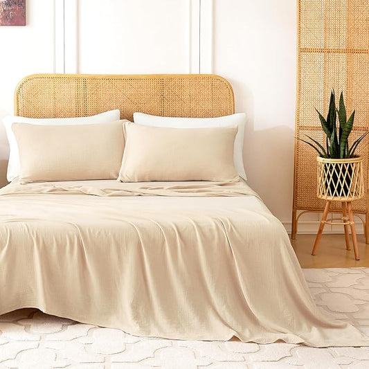 Twin Sheets Set 100% Cotton Bed Sheets Gauze 3 Pcs Linen Like Textured Beige Fall 16" Deep Pocket Sheet & Pillowcase Sets Boho Muslin Soft Bedding Sets for All Season Machine Wash