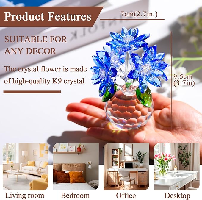 Enjinkail Handmade Crystal Daisy Figurine - Blue Glass Flowers Gifts for Women, Elegant Home Decor & Table Centerpiece