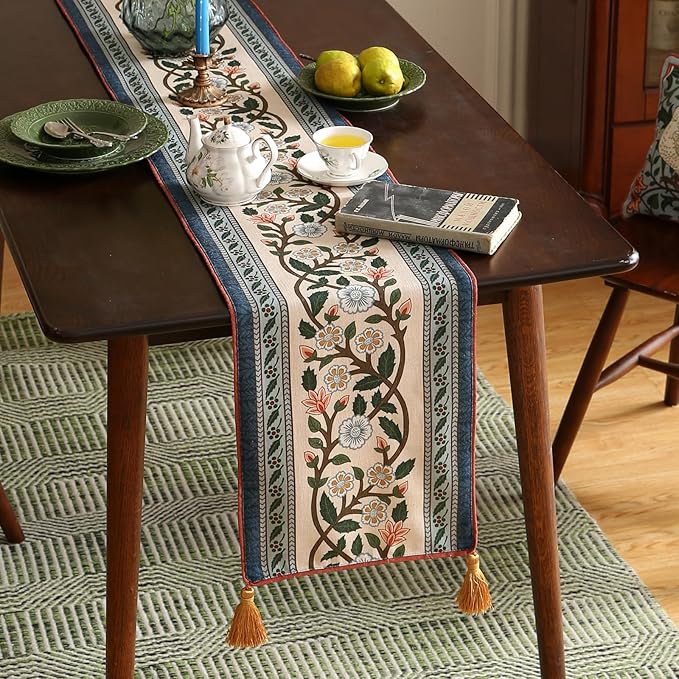 ISAENNE Designer Vintage Elegant Linen Table Runner 87 Inches Long,Colorful Flower Pattern Soft Table Runners for Dining Tables,Thanksgiving,Kitchen Tables,Christmas,12"*87"-Naples C