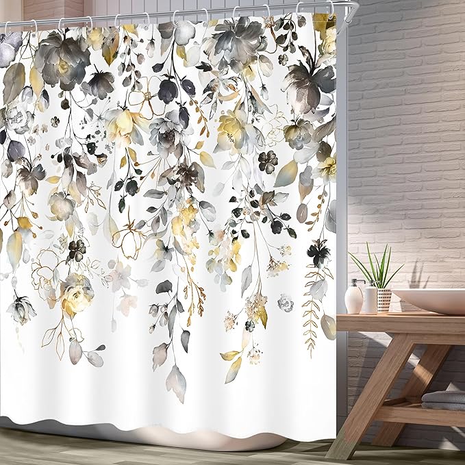 Yellow Grey Floral Shower Curtain 72Wx72L Inch Gray Flower Pastel Rustic Eucalyptus Leaf Watercolor Country Bathroom Set Plant Botanical Bath Curtain Bathtub Accessories Home Decor