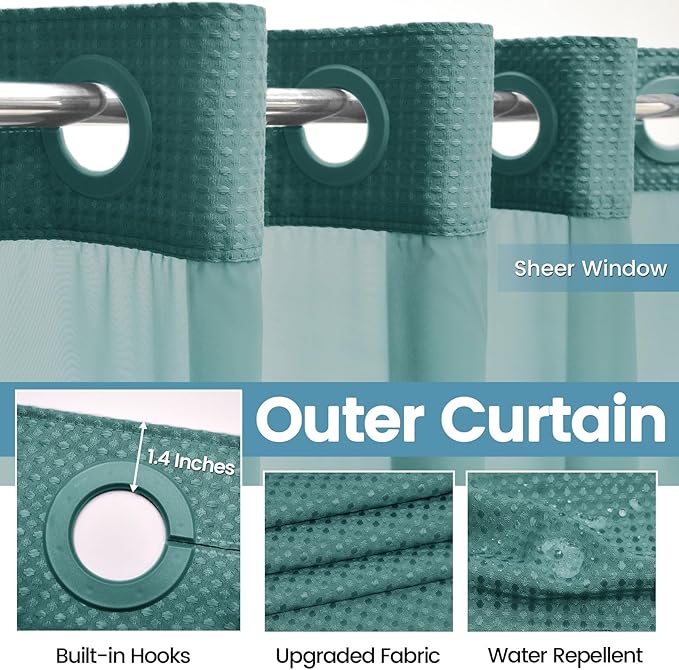 Seaweed Green Long No Hook Shower Curtain with Snap in Liner,230GSM Waffle Weave Shower Curtains for Bathroom,71W x 86H