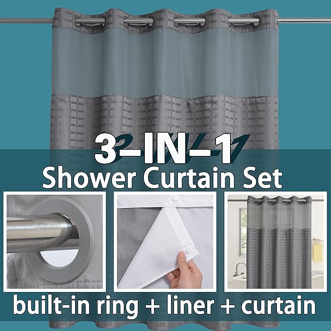 Extra Long No Hook Shower Curtain with Snap in Liner Set, Hotel Luxury Grey Shower Curtains for Bathroom with See Through Top Window, Waterproof, Washable 71W x 84H