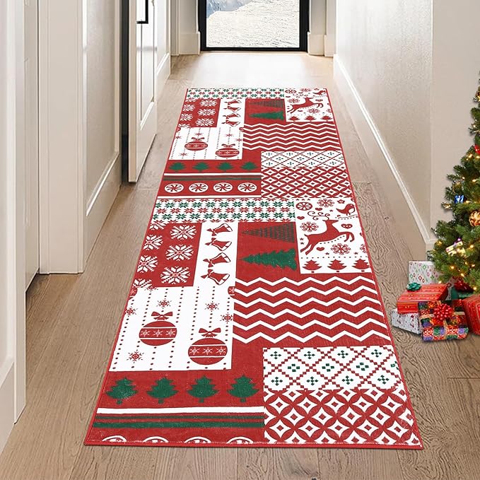 RUGSREAL Christmas Runner Rug 2x10 Feet Christmas Patchwork Hallway Area Rug Xmas Holiday Decorative Bedroom Throw Rug Runner Machine Washable Floor Carpet for Kitchen Laundry Living Bathroom