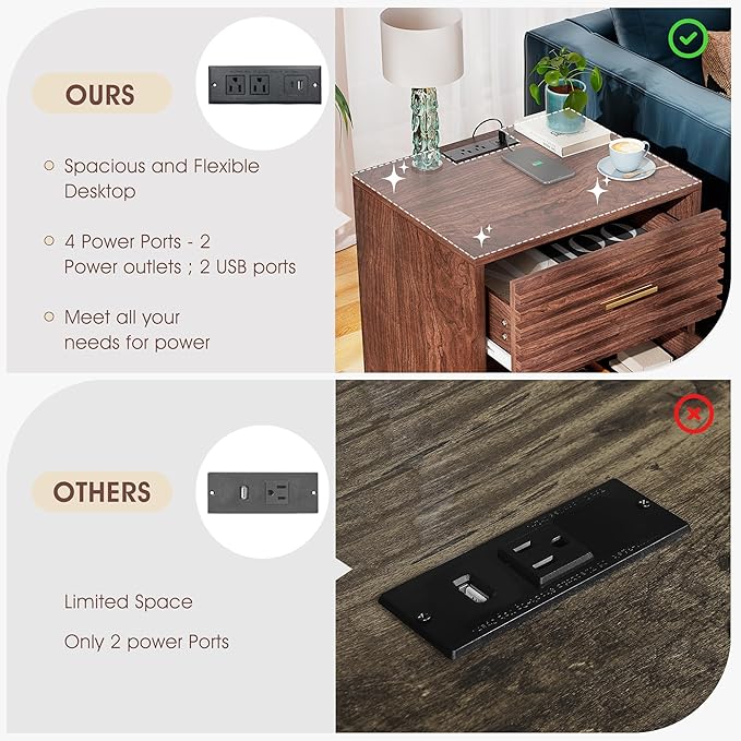 Alohappy Night Stand with Charging Station, Bedside Table with 2 Drawers, Mid Century Modern End Table, Bed Side Table with USB Ports and Outlets, Nightstand for Bedroom, Brown 1pc