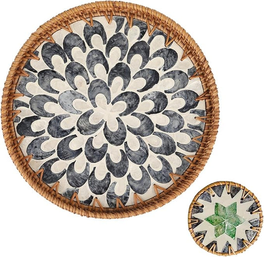 Round Rattan Serving Tray with Mother of Pearl Inlay & Coaster, Boho Wicker Basket, Decorative Coffee Table Tray for Table Decor, Storage and Display of Coffee Bread Fruit (Plume)