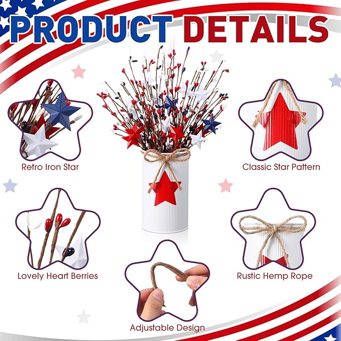 4th of July Table Centerpiece Decoration Patriotic Artificial Flower Stems Star Shaped Berry Picks with Metal Vase Pot for Independence Day Memorial Day Office Home(White and Red)