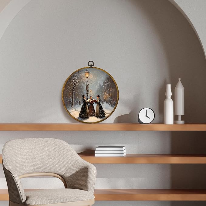 CUANFDDSF Christmas Women Reading Book Round Wall Art, Vintage Christmas Street Scene Framed Hanging Wall Decor, Xmas Bookish Canvas Prints Decorations for Library Reading Room Bedroom, 10x10 Inch