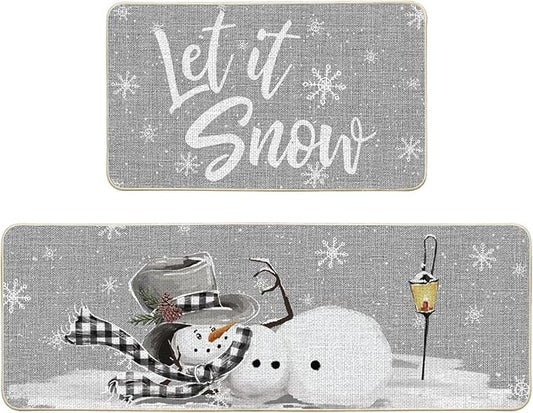Artoid Mode Grey Let It Snow Snowflake Snowman Winter Kitchen Mats Set of 2, Christmas Decor Low-Profile Kitchen Rugs for Floor - 17x29 and 17x47 Inch