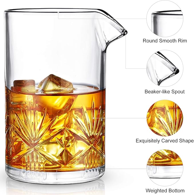 Cocktail Mixing Glass, veecom 18oz Crystal Mixing Glass Bartender Kit, 8 Piece Old Fashioned Cocktail Set with Strainer, Spoon, Jigger, Picks, Pourers, Bar Tools Cocktail Shaker Set (8 Pieces)