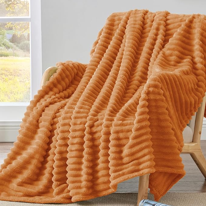 BEDELITE Fall Throw Blanket for Couch - 300GSM Soft & Warm Fluffy Fleece Blanket, Decorative and Giftable Burnt Orange Striped Blankets for Women, Men, 50"x60"