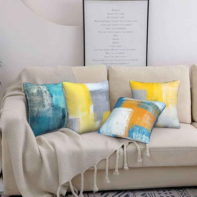 Yellow Decorative Throw Pillow Covers 18x18 Set of 4 Teal Pillow Cover Modern Abstract Art Decorative Pillows for Living Room Bedroom Sofa Couch Pillow Covers