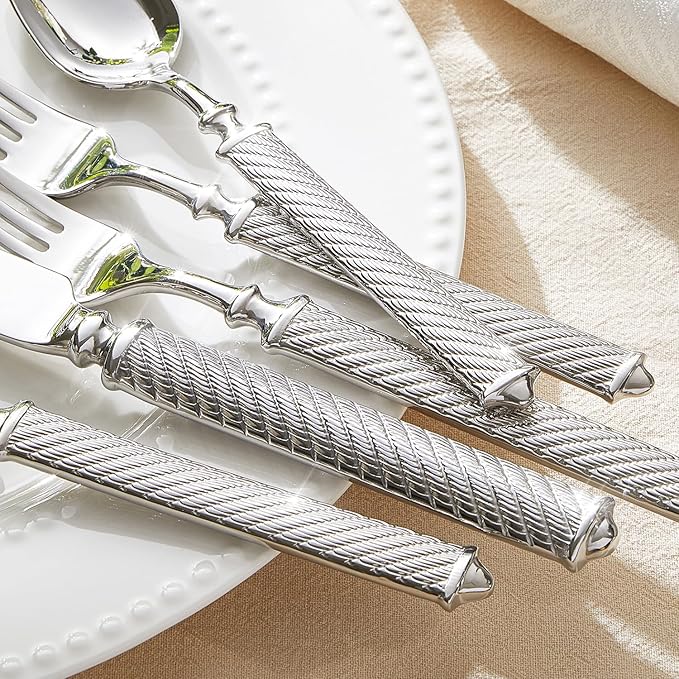 KINGSTONE Retro Rope-Pattern Silverware Set, 10-Piece Flatware Set Cutlery Set Forged with Handcrafted Texture Handles 18/10 Stainless Steel, Dishwasher Safe