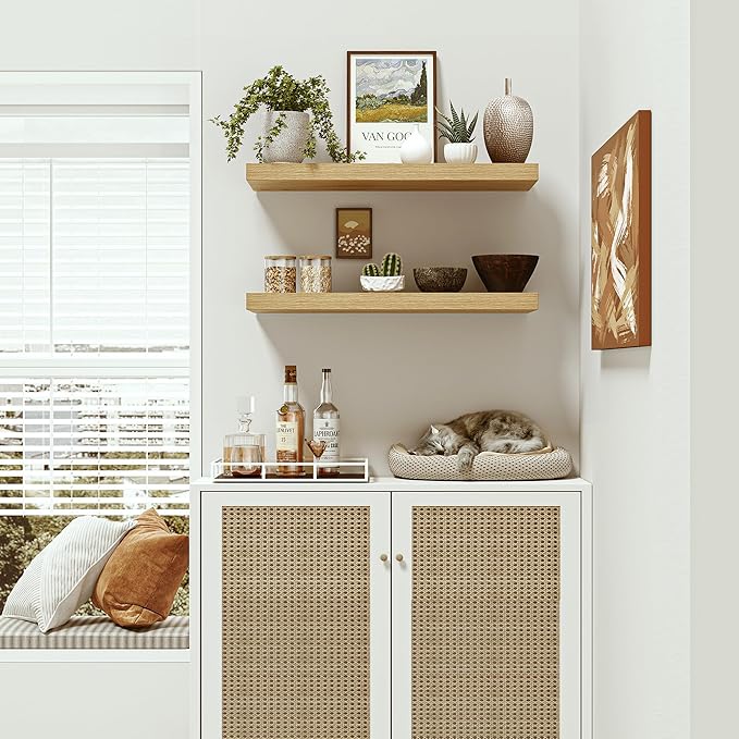 Vivelove Bathroom Floating Shelves for Wall 24 inchs Long, 9.2” deep x 1.6” Wall Shelf for Bedroom, Living Room, Kitchen, Office Home Decor, Deep Wood Shelves with Invisible Brackets, Set of 2, Oak