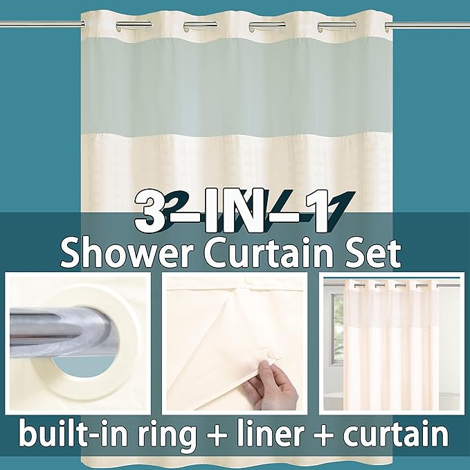 Extra Long No Hook Shower Curtain with Snap in Liner Set, Hotel Luxury Beige Shower Curtains for Bathroom with See Through Top Window, Waterproof, Washable 71W x 84H