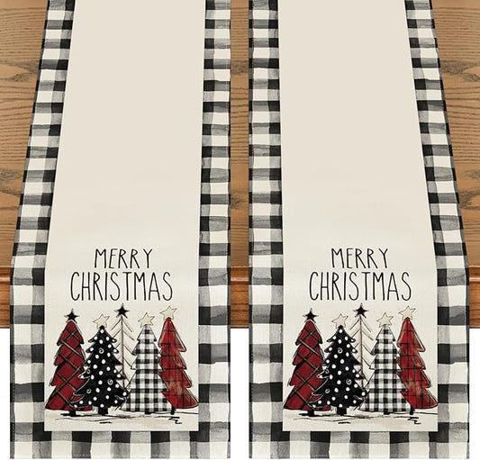 Artoid Mode Buffalo Plaid Xmas Trees 2PCS Merry Christmas Table Runner, Seasonal Winter Holiday Kitchen Dining Table Decoration for Home Party Decor 13 x 72 Inch