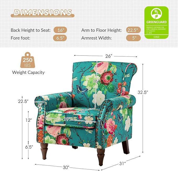 HULALA HOME Modern Wingback Accent Chair with Wood Legs & Removable Cushion, Comfy Upholstered Armchair with Nailhead Trim, Floral Pattern Single Sofa Chair for Living Room Bedroom, Blue