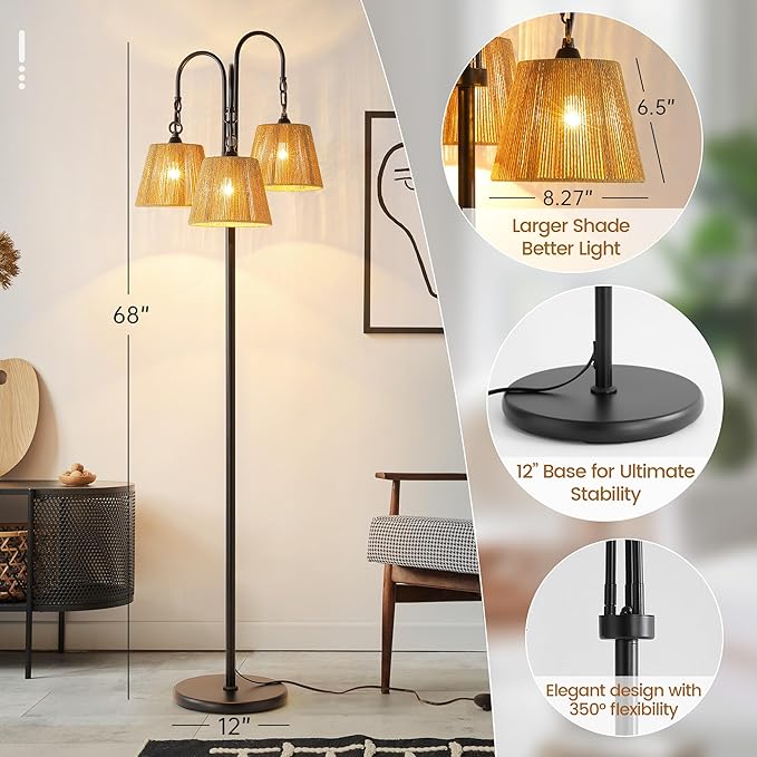 Rattan Floor Lamp, 68in. Boho Floor Lamps with Natural Shade, 3-Light Tree Lamp for Coastal, Beach or Bohemian Style Decor, E26 Socket, On/Off Footswitch Lamp for Living room, Bedroom (Bohemian-Black)