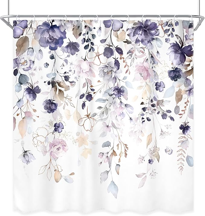Purple Floral Flower Shower Curtain 72Wx72L Inch Girls Girly Boho Watercolor Wildflower Eucalyptus Leaf Spring Botanical Plant Bathroom Set Rustic Bath Curtain Bathtub Accessories Home Decor