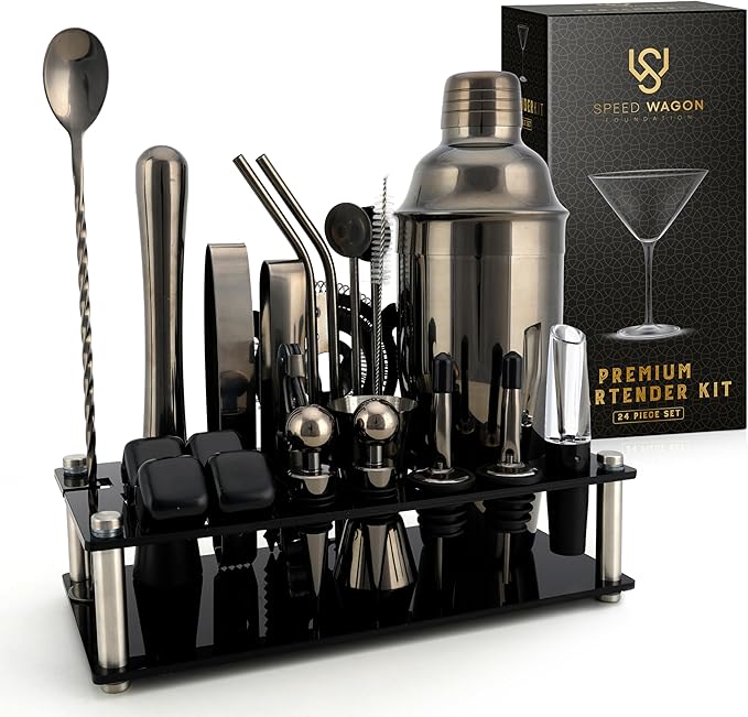 Mixology Bartender Kit – 24 Piece Gun Metal Cocktail Shaker Set w/Stand – Essential Home Bar Accessories Martini Shaker, Jigger, Muddler, Chilling Cubes & More
