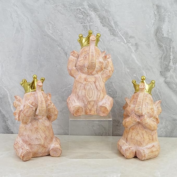8-inch Resin Cartoon Three Hear-No, See-No, Speak-No Evil Stacked Elephants Collectible Statue Wood Grain Elephant Gift for Women, Boho Decor for Living Room