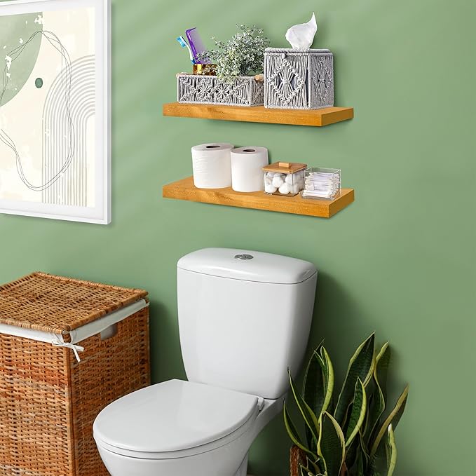 Sorbus Wood Floating Shelves for Wall - 16” Solid Wall Shelves for Bathroom, Bedroom & Living Room - Set of 2 Maple Wood Wall Mounted Shelves - Durable Solid Pine