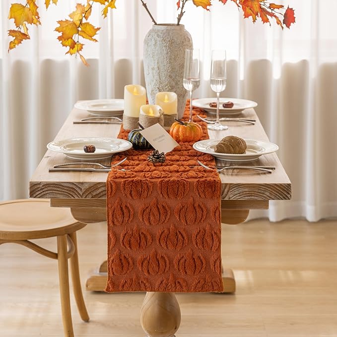 Fall Table Runner Rust Terracotta Soft Plush Faux Fur Velvet Pumpkin Autumn Harvest Cloth Dining Centerpiece Decor for Home Kitchen Decoration 13 x 90 Inch