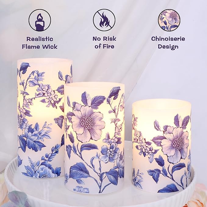 Flameless Candles Blue and White Porcelain Floral Chinoiserie Decor Battery Operated with Remote Real Wax Dripless Candle Vintage Decorative for Christmas Gift Wedding Home Party Decor