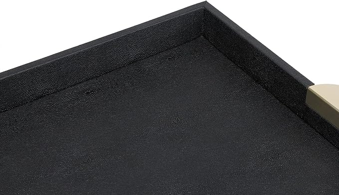HofferRuffer Faux Leather Decorative Serving Tray, Elegant Coffee Table Ottoman Tray, Breakfast, Drinks, Liquor Serving Platter, Black Shagreen Finish with Gold Hardware Handle (Square)