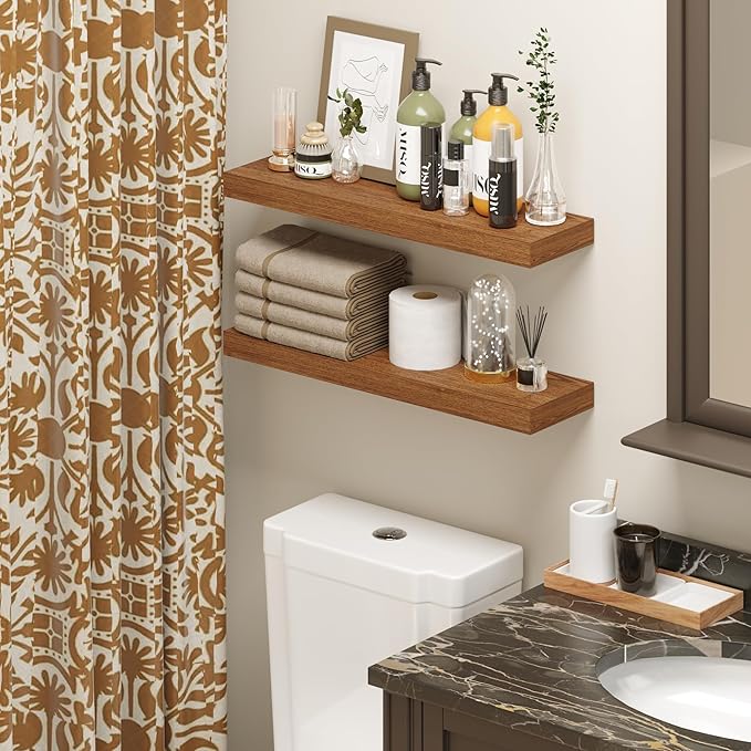 BAMEOS 24x6 Wall Shelf, 2-Shelf Modern Oak Floating Shelf Set for Bedroom, Bathroom, Kitchen Storage