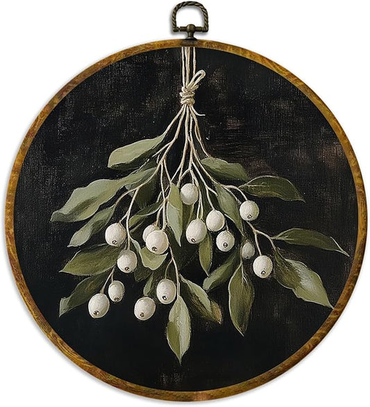 XPH Vintage Moody Christmas Round Wall Art Framed, Dark Academia Mistletoe Circle Wall Decor, Winter Cottagecore Botanical Hanging Canvas Prints for Home Bedroom Living Room Decoration, 10x10 Inch