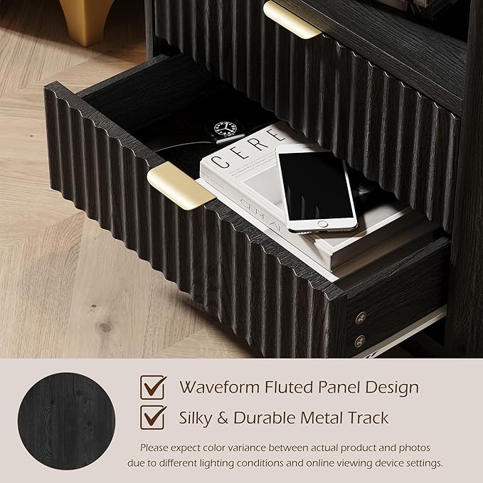 Fluted Nightstands Set of 2 - Black Nightstand with 2 Drawers & Open Shelves, 22" Wide Large Bedside Stand Modern Storage Wooden Side Tables for Bedroom (Elegant Black)