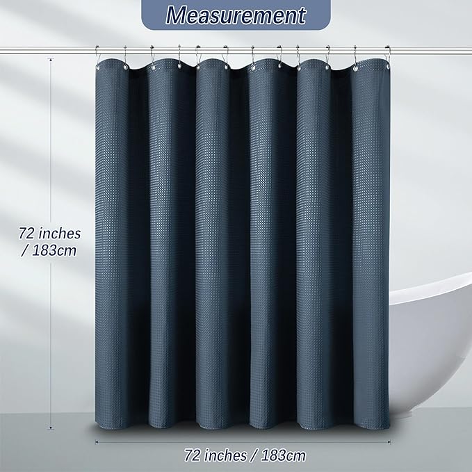 Blue Shower Curtain 256GSM Waffle Shower Curtain Heavy Duty for Bathroom, Water Repellent Weighted Hotel Quality Polyester Bath Curtain Set with 12 Metal Hooks, 72Wx72H Navy