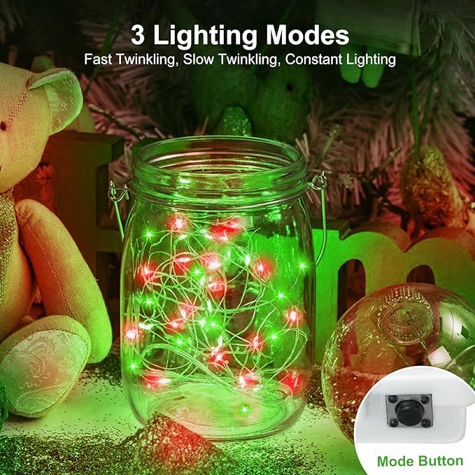 btfarm 30 Pack Fairy Lights Battery Operated [3 Modes], 7ft 20 Led Twinkle Lights String Lights Waterproof Bulk Small Mini Silver Wire for Christmas Mason Jars Wedding Table Centerpiece, Red Green