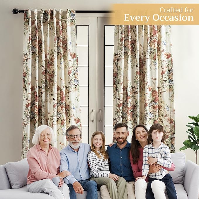 Maison d' Hermine Curtains for Living Room 100% Cotton 124 inch Length One Panel Light Filtering Curtains for Bedroom Windows with Rod and Loop Pockets Drapes (Abbeville, 50" W x 124" L)