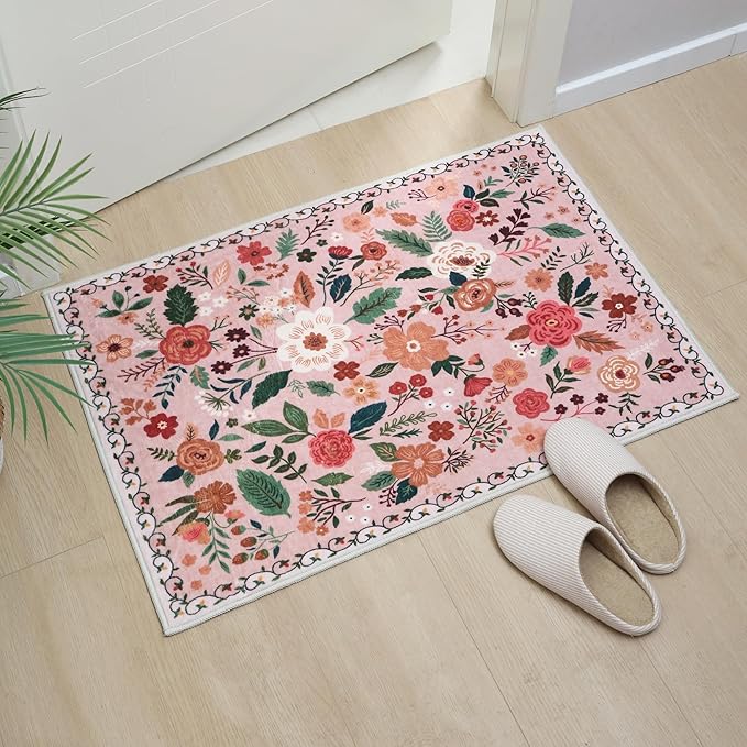 Rugcomf Door Mat Indoor Entrance 2x3 Rug Machine Washable Boho Floral Small Area Rug Non-Slip Low Pile Throw Rugs for Entryway, Kitchen, Front Door Indoor Entrance, Entry, Kids Room (Pink)